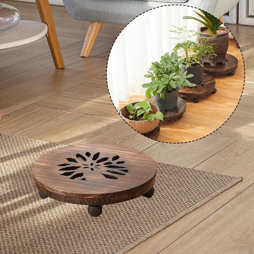 Movable Plantpot Tray Rolling Plant Stand Planter Pot Trolley Wooden Base Easy to Move Houseplants