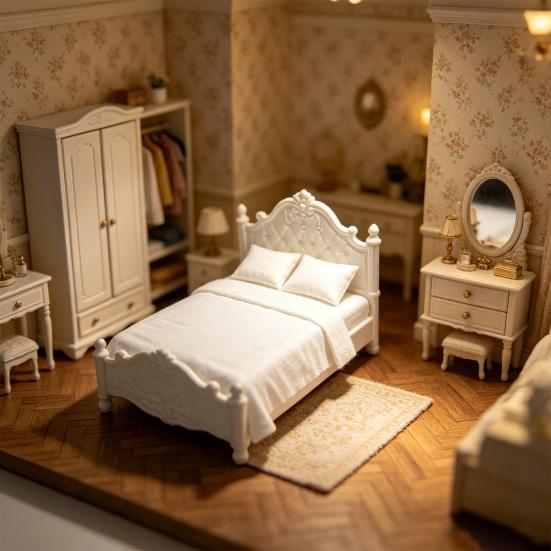 Retro Miniature Bed, Vintage Style Mini Double Bed, Miniature Furniture Tiny Bed for 1/12 Scale Doll Mansion Miniature Room Decoration