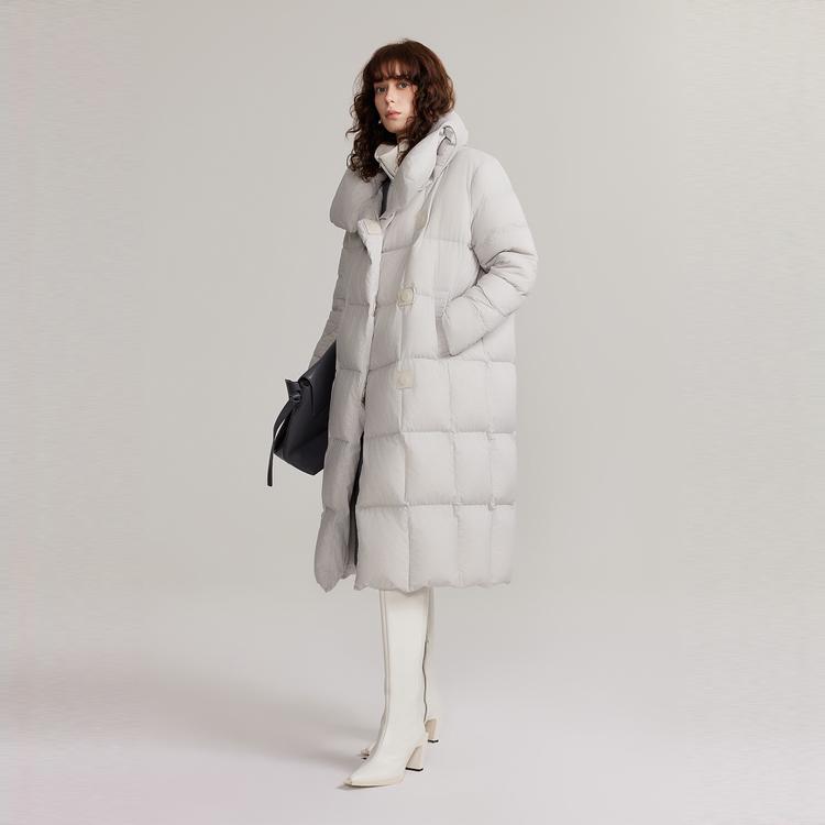 ELLE French Design Solid Color Long Simple Low Saturation Down Jacket Women outerwear Light-Gray EY49324