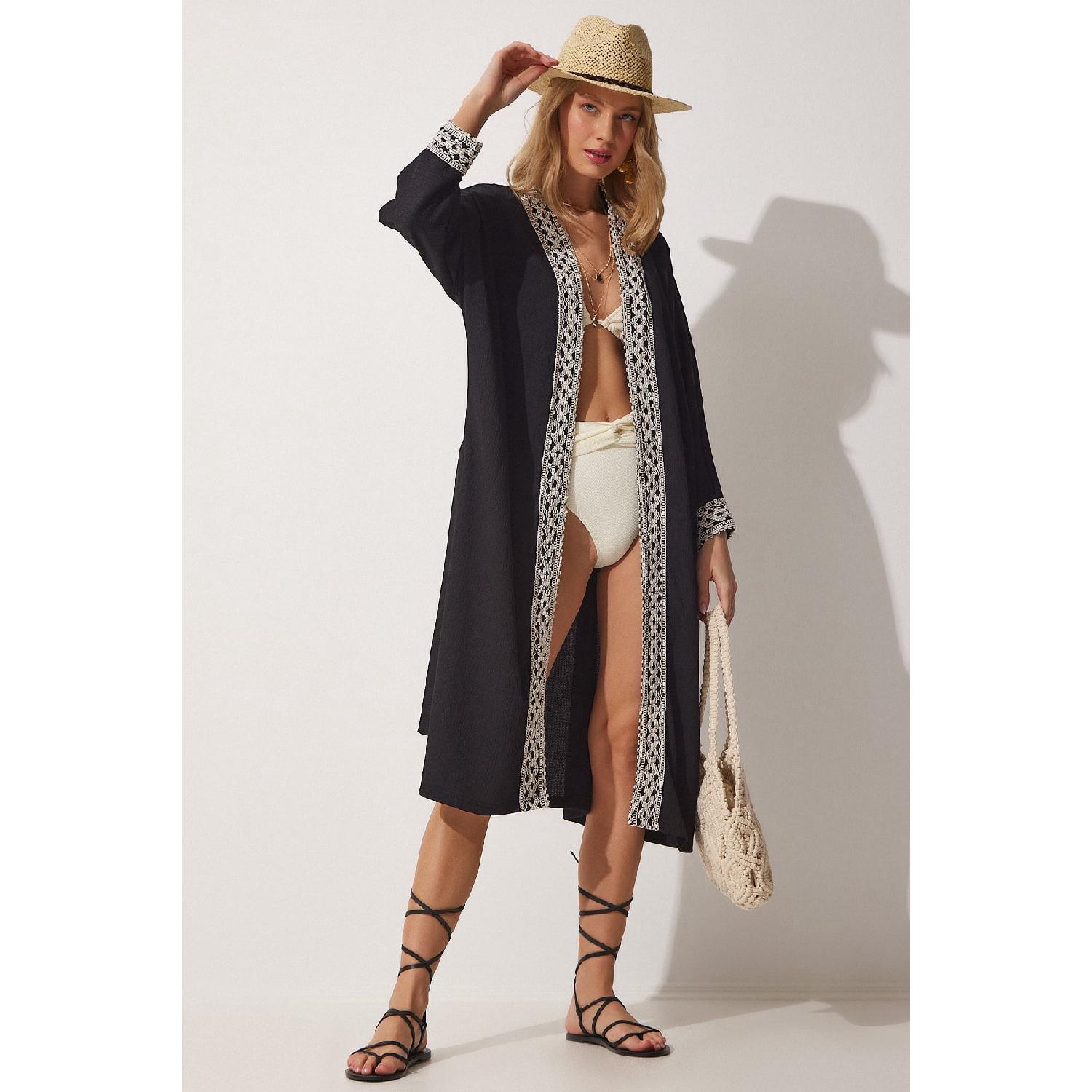 

Women s Black Stripe Detailed Long Crinkle Viscose Kimono Dd01193 38 чорний