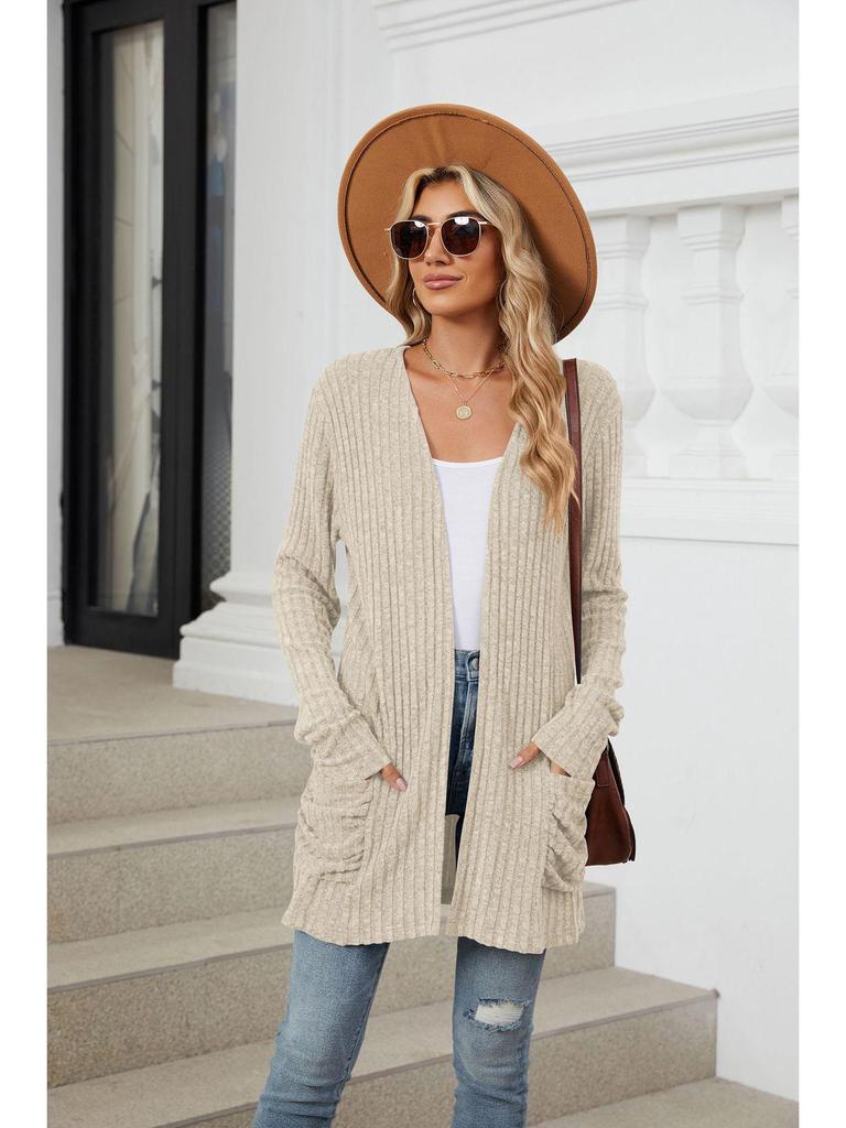 2024 Autumn/Winter Solid Color Long-Sleeve Pocket Cardigan Knitwear