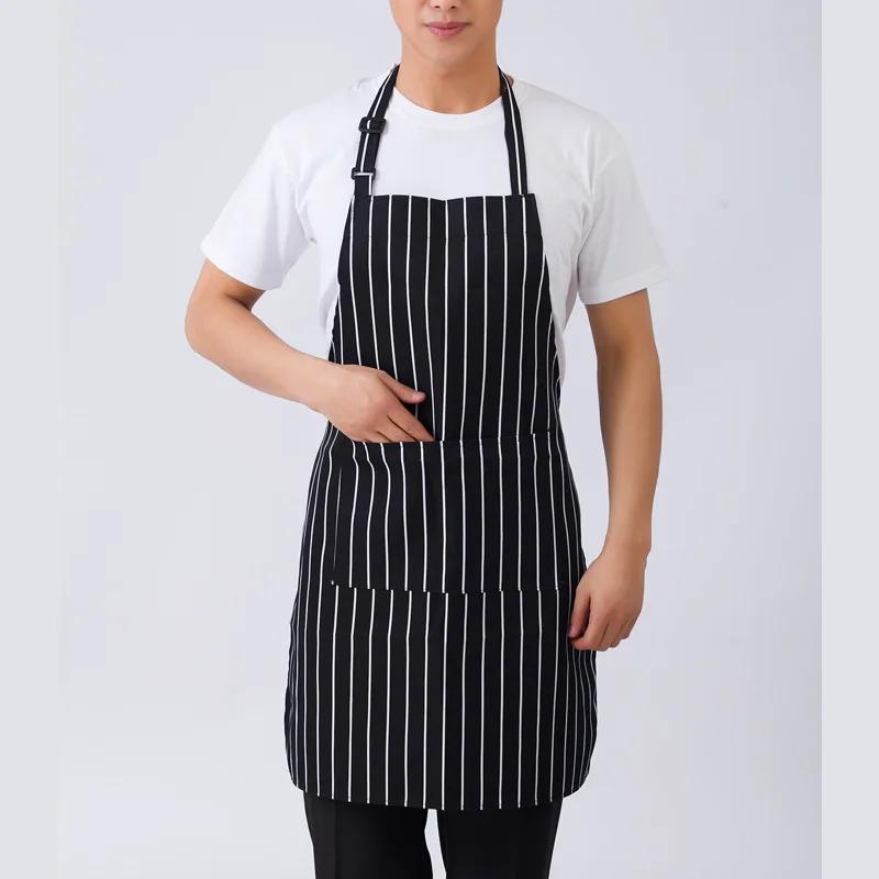 Adjustable Half-length Adult Apron Striped Hotel Restaurant Chef Waiter Apron Kitchen Cook Apron with 2 Pockets