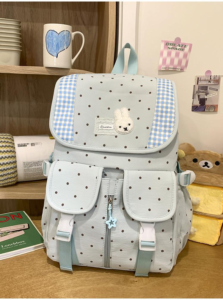 Schoolbag Korean Soft Cute Polka Dot Plaid Rabbit Backpack Cream Color Fresh College Style Junior High School Student Backpack