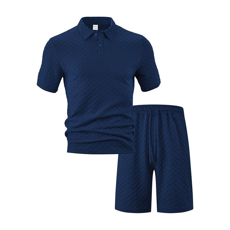 Mens Summer Jacquard Polo T Shirt And Shorts Casual Set