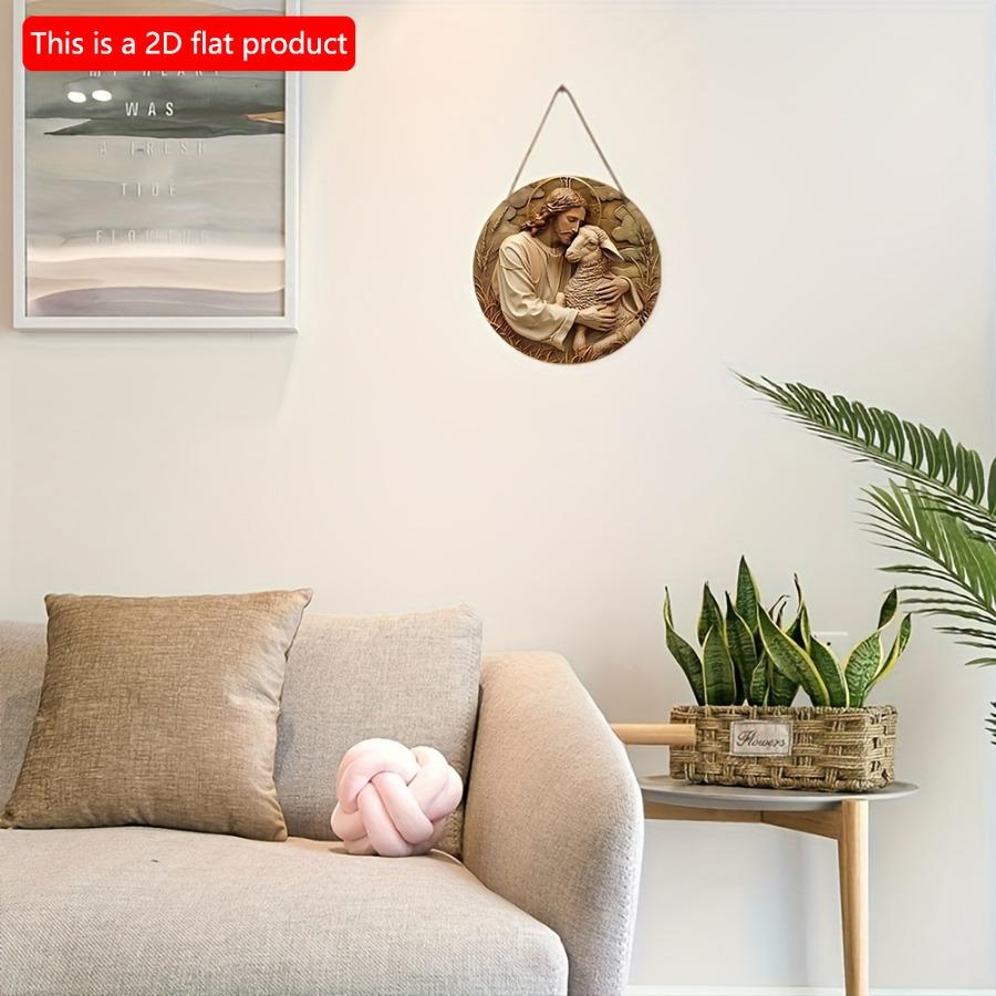 1ks 2D Plochý Kulatý Dřevěný Znamení Věnec Ježíš a Ovce - 20cm Klasická Nástěnná Dekorace, Slavnostní Vánoční Dárek, Víceúčelová Domácí a Pokojová Dekorace, Ne