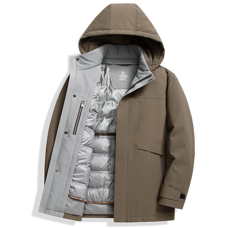 Doudoune Homme Business Casual Tissu Soie Lait Démontable Doudoune Mi-longue à Capuche