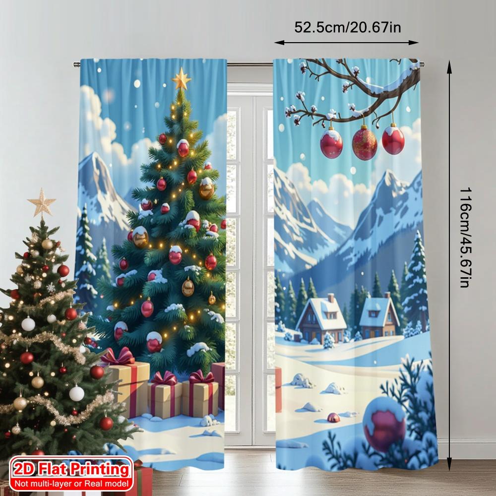 2pcs 2D Flat Printing Merry Christmas Popular Curtains Christmas Village Snow Gifts Tree Polyester Without Electricity Festive