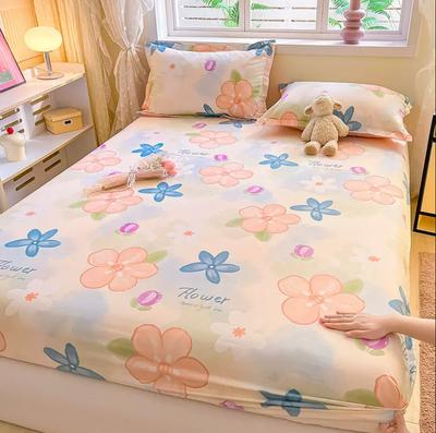 Pure Cotton Soft Bed Fitted Sheet with Elastic Rubber +2pc Pillowcases Kids Adult Floral Bedroom Bedsheet Single Queen King Size