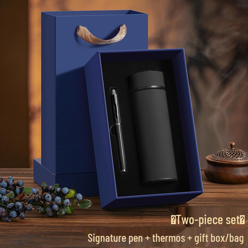 National Style Wood Pen Holder Gift Set: Creative Office Storage Box & Thermos Cup, Customizable Logo