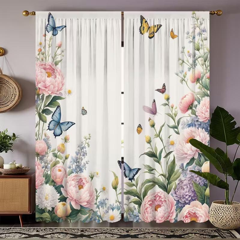 

Set Of 2 Romantic Floral Butterfly Peony Pattern Curtains Designed Light Blocking Premium Material Suitable Living Room Curtain Polyester Ideal For W100*H70(CM)-Hooks&1PCS