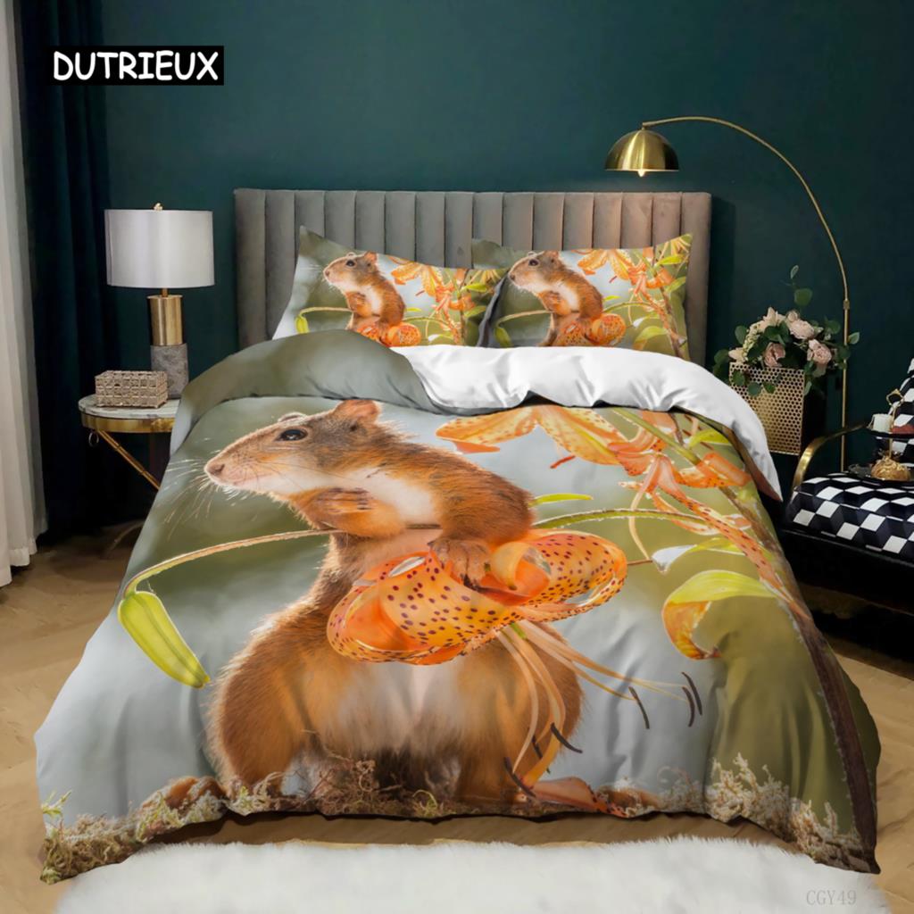 Sada povlaku na přikrývku Veverka Roztomilá veverka Větve Povlak na přikrývku pro děti Chlapci Dívka Mikrovlákno Zvířecí téma King Size Ložní souprava