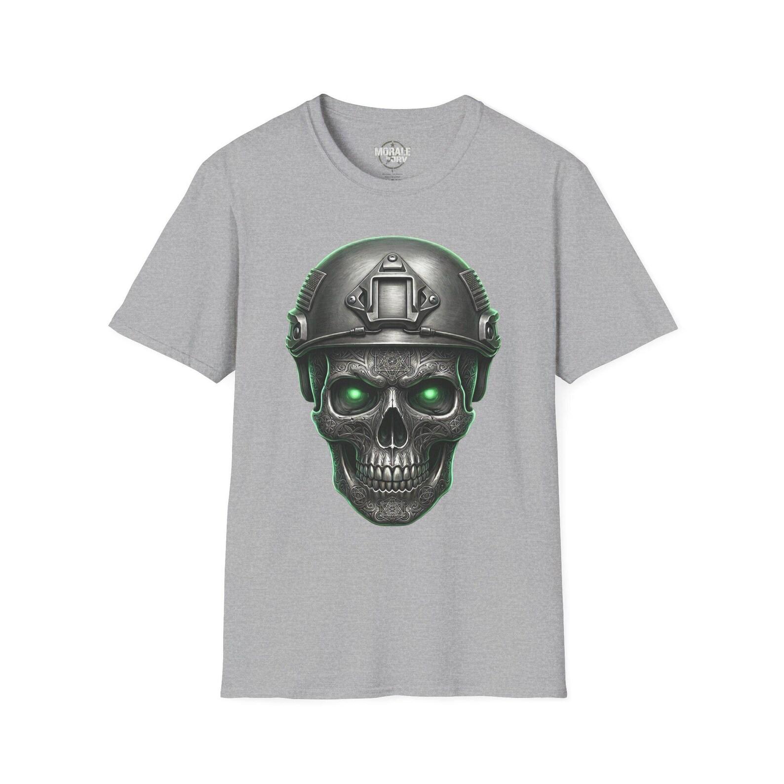 Tactical Skull with Green Eyes T-Shirt Military Helmet Skull Tee XL