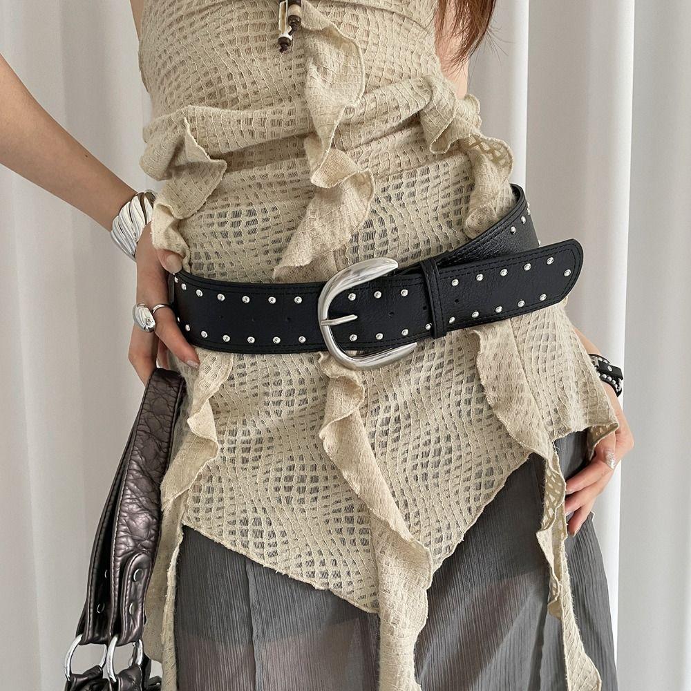 Vintage Wide Leather Waistband Metal Buckle Punk Style Belt Fashion Women Rivet Belt  Men