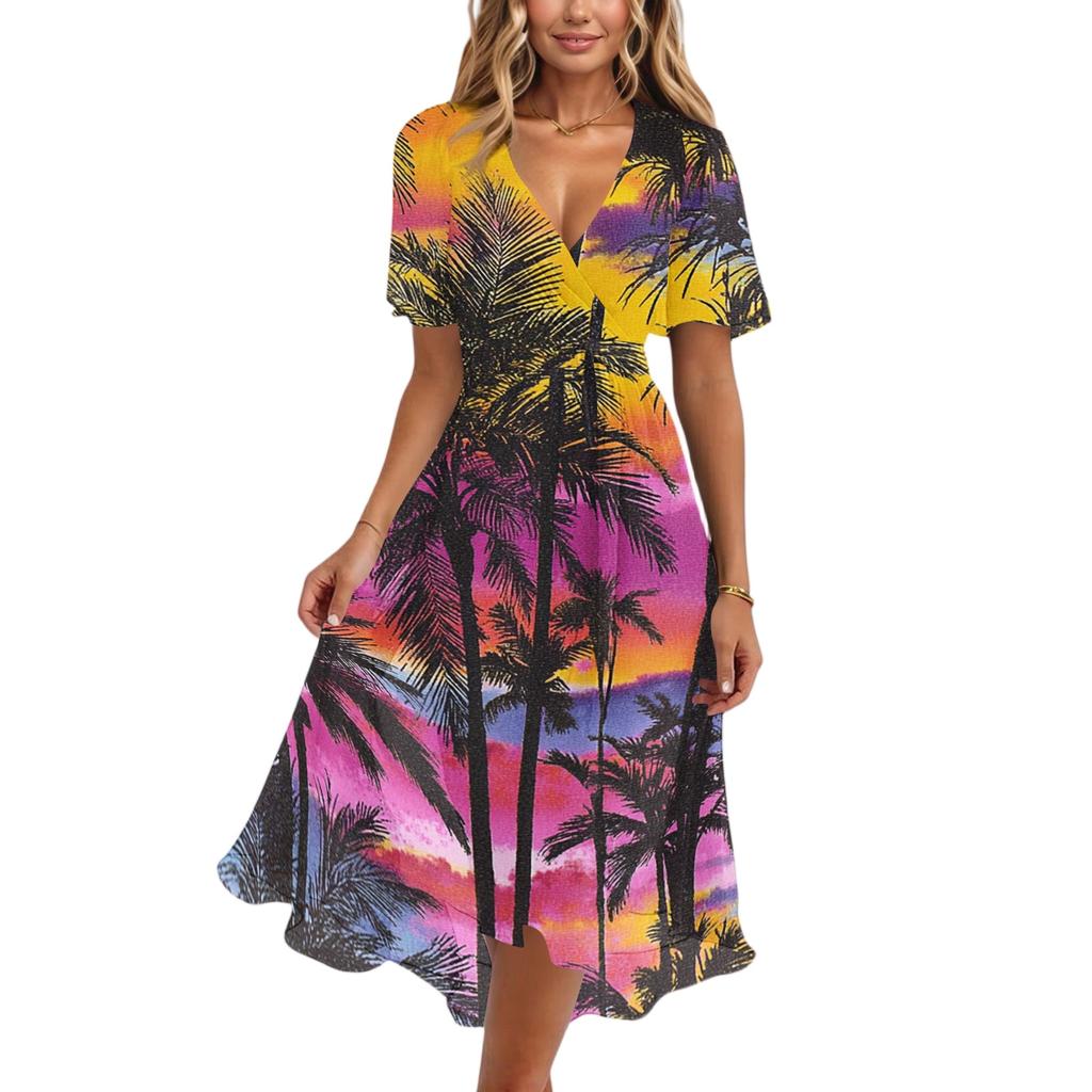 Women's Fashion Casual V Neck Short Sleeve Ruffled Vintage Printed Dresses