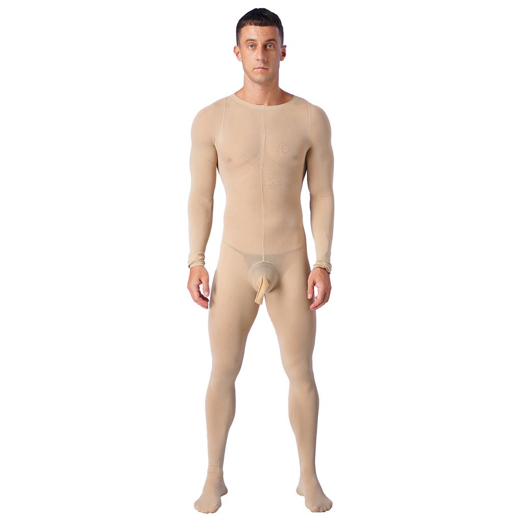 Mens Solid Color Bodystocking Long Sleeve Stretchy Bodysuit with Bulge Pouch Nightwear Underwear