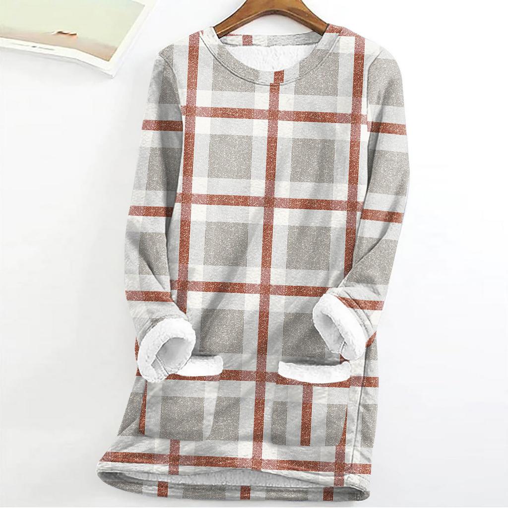Women's Fashion Plaid Print Round Neck Long Sleeve Plush Winter Warm Pullover Top