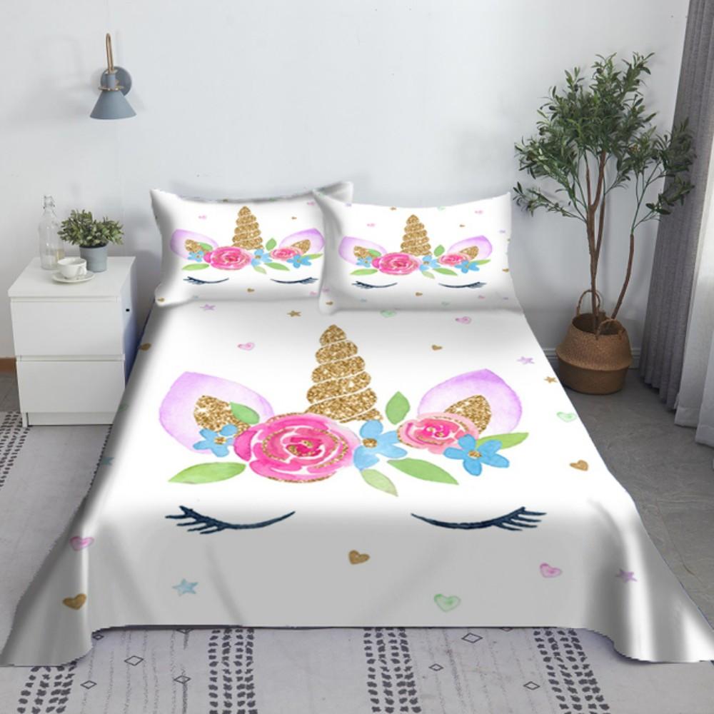 Pink Unicorn Sheet 3D Printed Cartoon Polyester Bed Flat Sheet With Pillowcase Kids Girls Children Bedding Gift