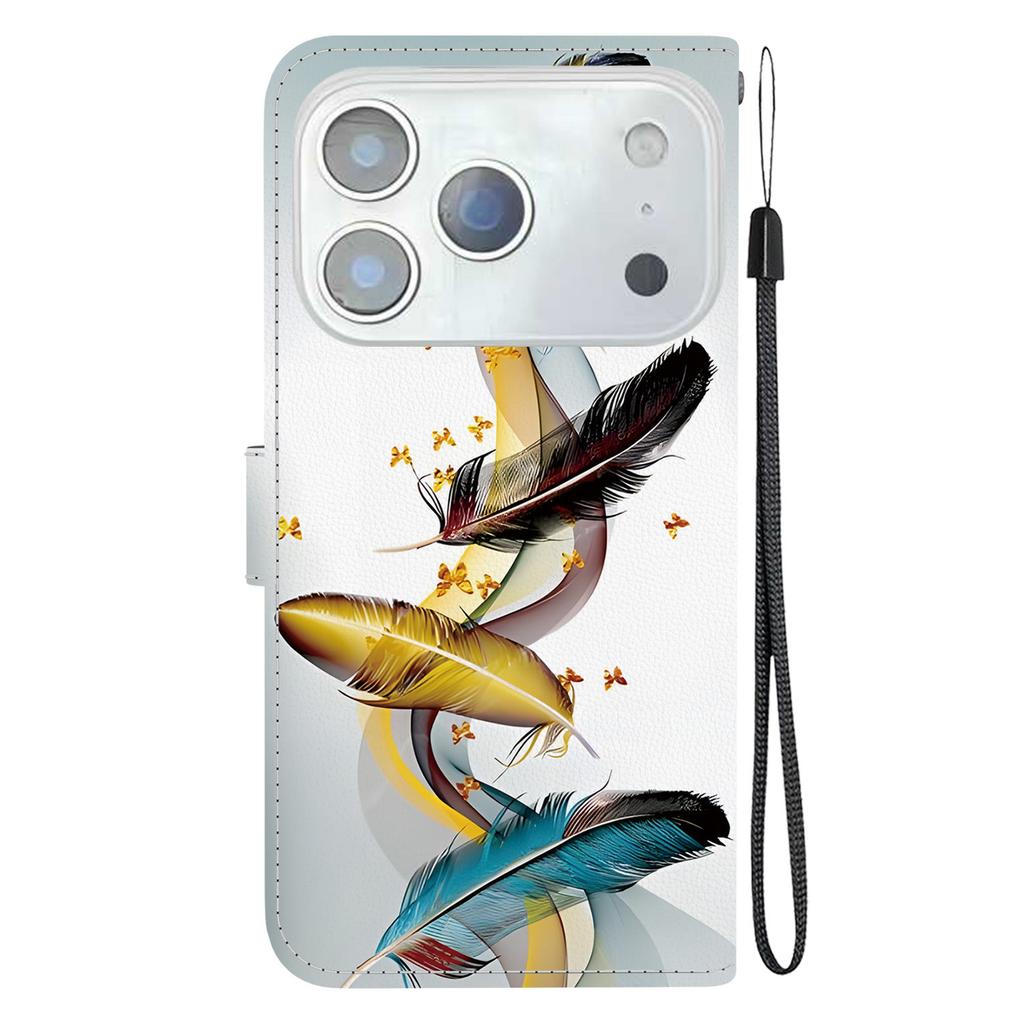 Pro iPhone 17 Pro Pouzdro Vzorový Tisk Odolné proti Pádu Kožené Vyklápěcí Peněženkové Pouzdro na Telefon se Šňůrkou