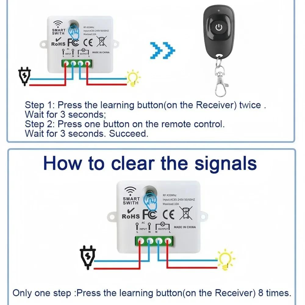 433Mhz Universal Wireless Remote Control Switch AC 110V 220V Relay Receiver Module RF Transmitter Learning Button Remote Control