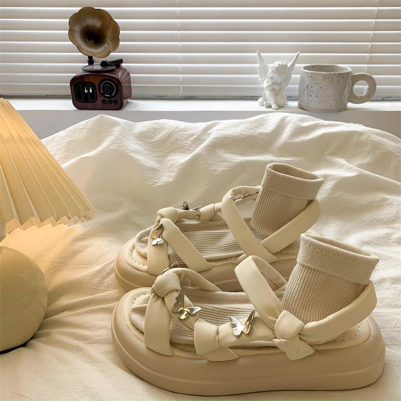 Platform sandals women's summer 2025 new bow French retro casual skirt Roman beach shoes