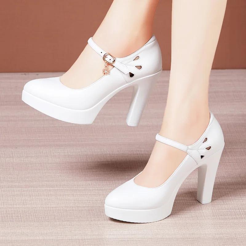 

6 8 10cm Small Size 32-43 Shallow Genuine Leather Shoes Women Pumps 2025 Block High Heels Shoes Platform for Office Model Mom 32