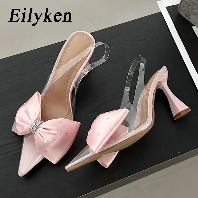Eilyken Butterfly-knot Pointed Toe Women Pumps Sexy PVC Transparent Low Heels Sandals Elegant Wedding Banquet Female Shoes