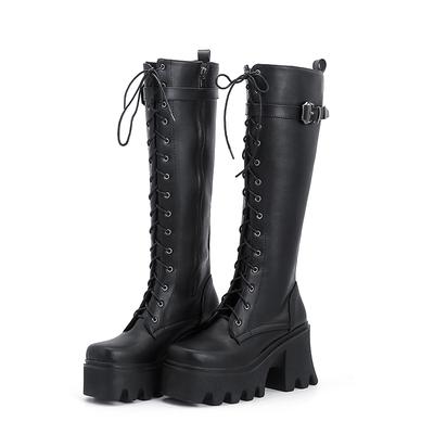 Stivali Alti al Ginocchio Chunky Donna Platform Tacco Grosso Punk Pelle PU Neri Retro Scarpe Invernali Stivali Lunghi Femminili Stringati Impermeabili