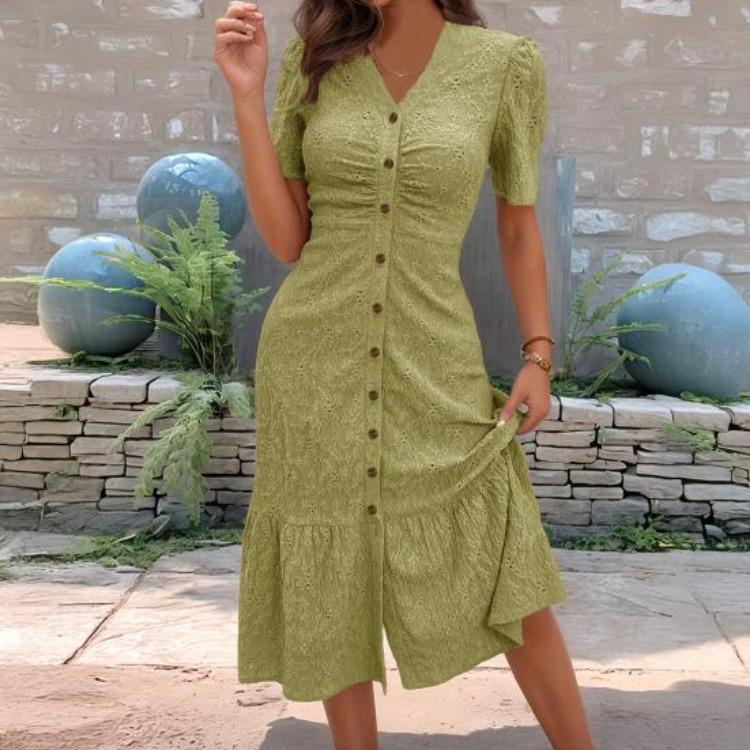 Summer Casual V Neck Short Sleeve Maxi Dress Women Beach Sundress Ruched Button Down Long A Line Swing Dress