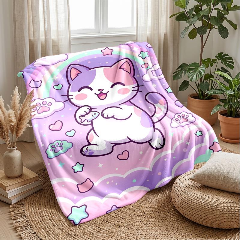 Rainbow Kitten Fantasy Theme Blanket Lightweight Warm Flannel Blanket Decorative Throw Blanket for Home Decoration