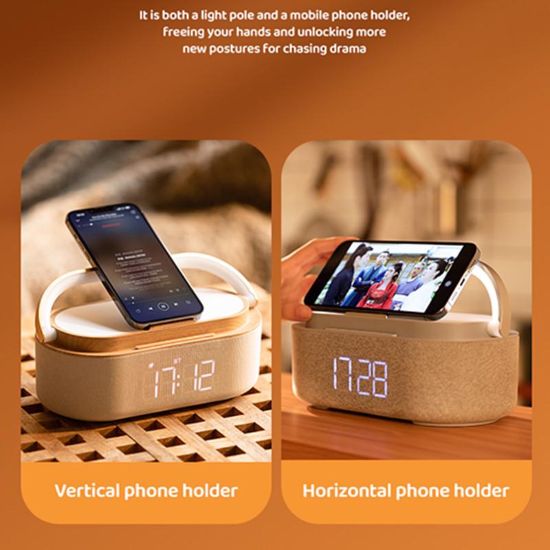 Alto-falante Bluetooth Multifuncional e Carregador Sem Fio com Despertador, Rádio e Lâmpada LED