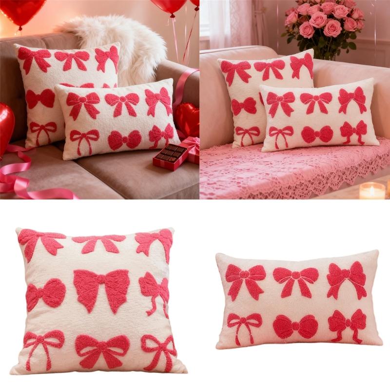 Throw Pillow Case with Tufted Embroidered Bows Design Decorative Cushion Cover for Elegant Living Room Bedroom Decors
