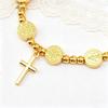 Gold Beaded Elastic Bracelet with Alloy Disc and Cross Pendant