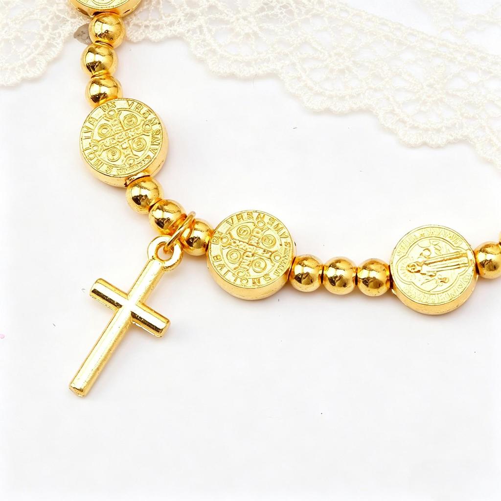 Gold Beaded Elastic Bracelet with Alloy Disc and Cross Pendant