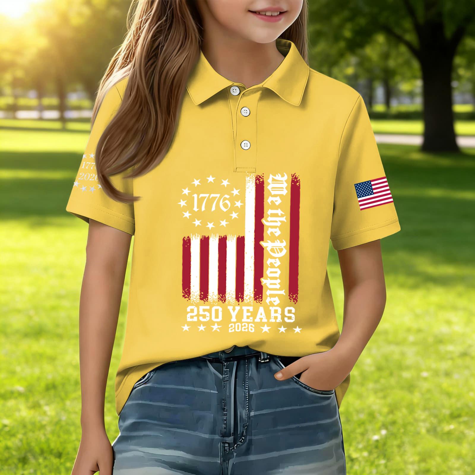 

Kids Short Sleeve Polo Shirt Independence Day Print 1776 250 Years 2026 Graphic Tee Casual Summer Top for Boys Girls 150