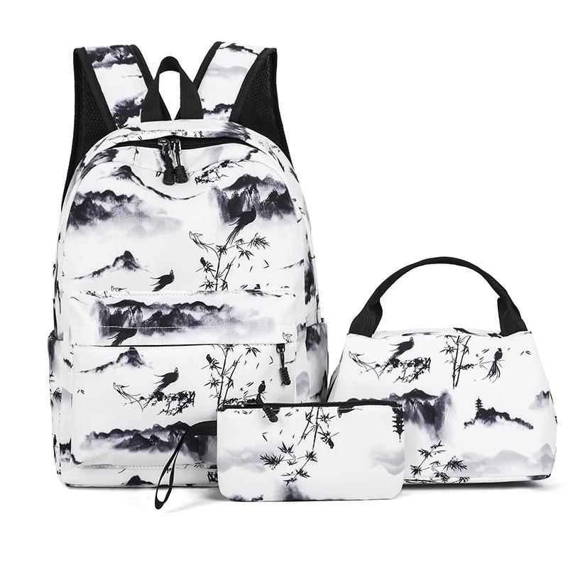 

3 шт./компл. китайские нейлоновые рюкзаки с принтом в стиле стирки чернил для подростков, девочек, дорожные сумки через плечо Mochila, студенческие сумки-пеналы чёрный