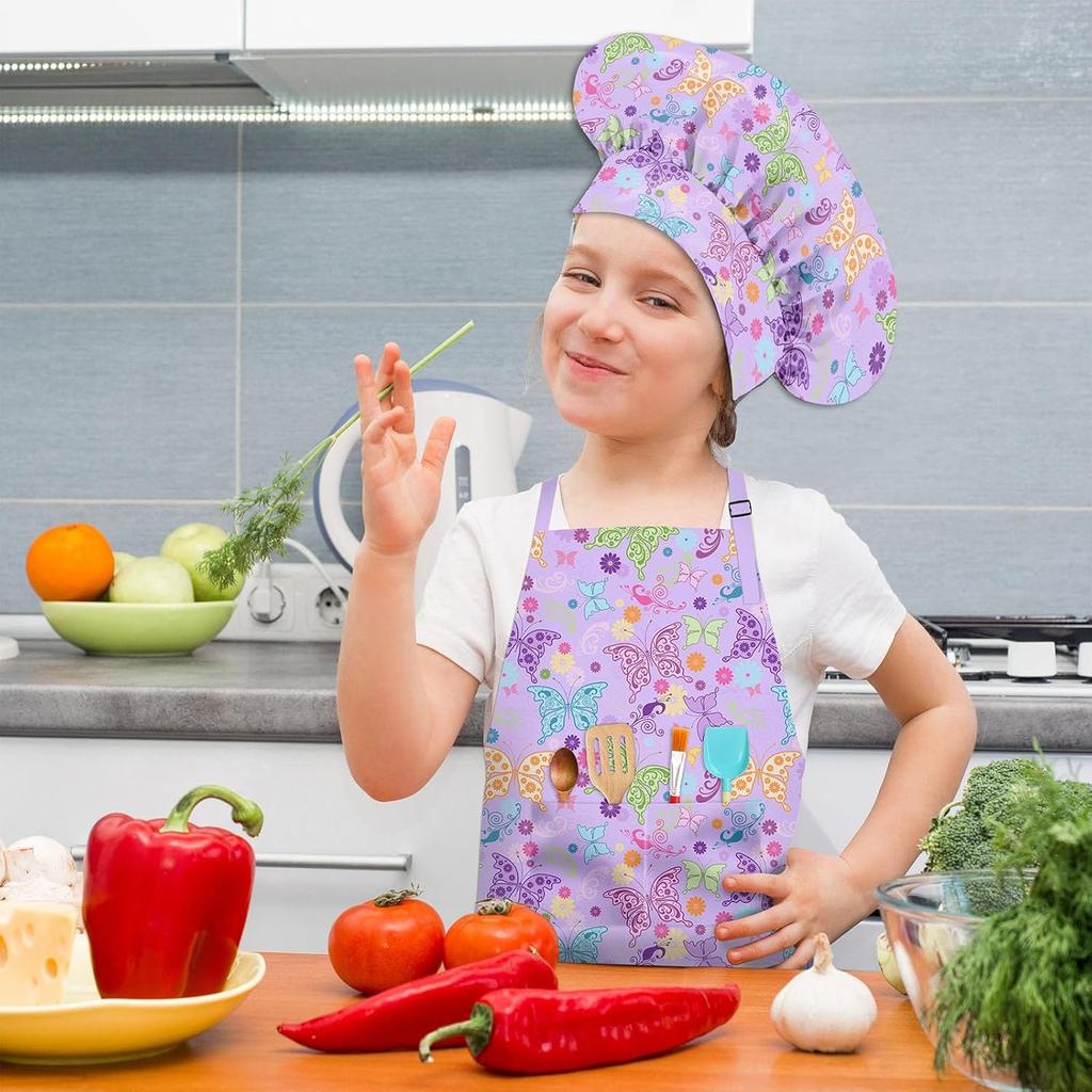 Kids Chef Hat and Apron Set with 2 Large Pockets Girls Boys Adjustable Chef Costume Kids Aprons for Cooking Baking