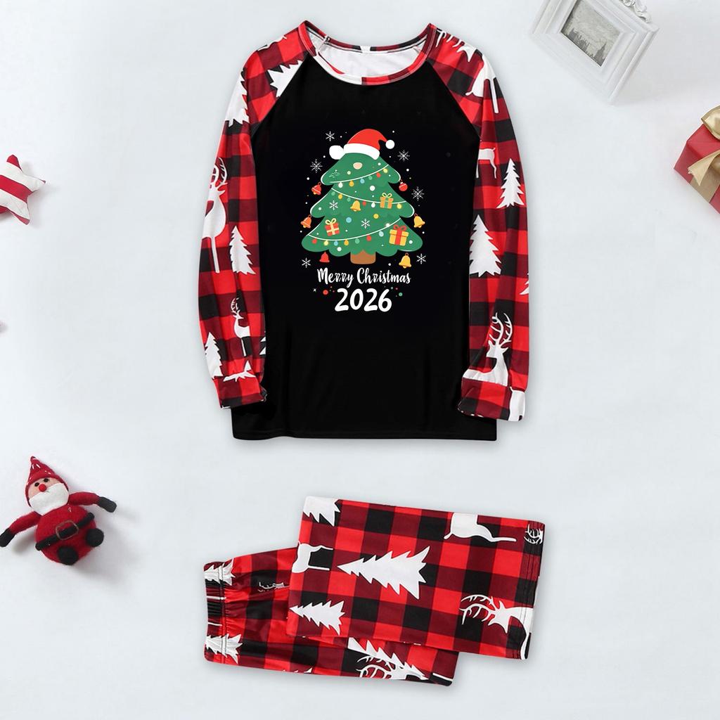 Family Matching Holiday Loungewear Set with Cute Christmas Print, Raglan Long Sleeve Top and Pants for Parents and Kids