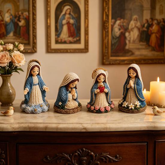 DIY Christian Beading Kit, Cute 4-Pack Tiny Beaded Jesus/Mary DIY Kit, Handmade Mini Faith Beads Craft with Instruction for Beginners, Craft