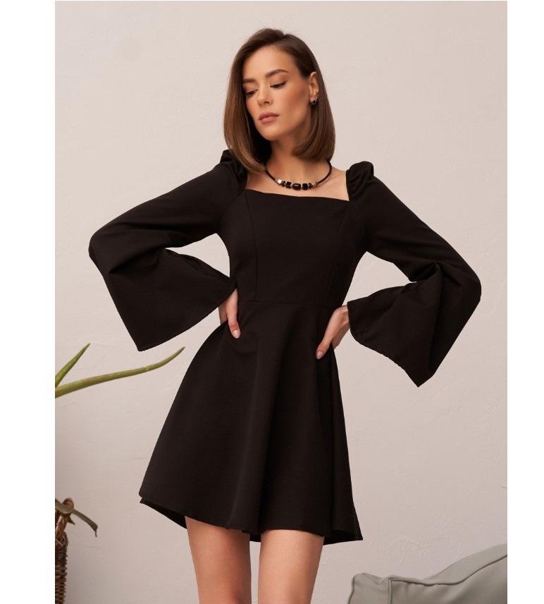 

X2335 Весенне-летнее приталенное платье с квадратным вырезом, пышными длинными рукавами Medium чёрный