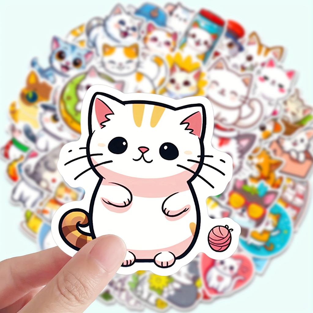 50pcs Cute Cartoon Cat Doodle Stickers | Vinyl, Mixed Color, Single Use, Ideal for Scrapbooking and Planners - Reward Gift