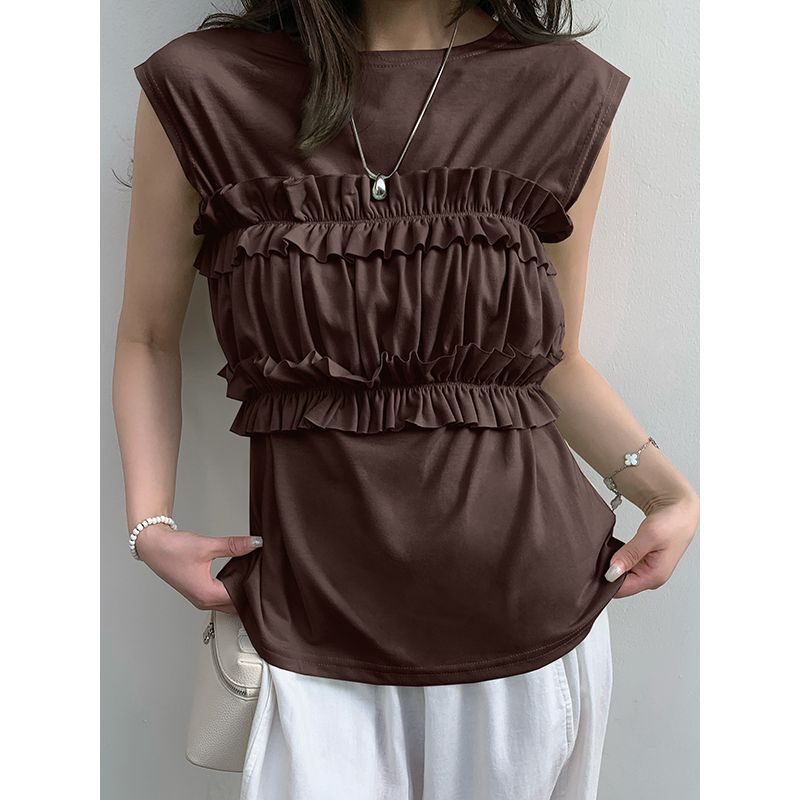 Cross-Border Japanese and Korean New Arrival Fruit Green Stripes Round Neck Ruffles Tight Wrapped Chest Belt Two-Way Sleeveless T-shirt for Women