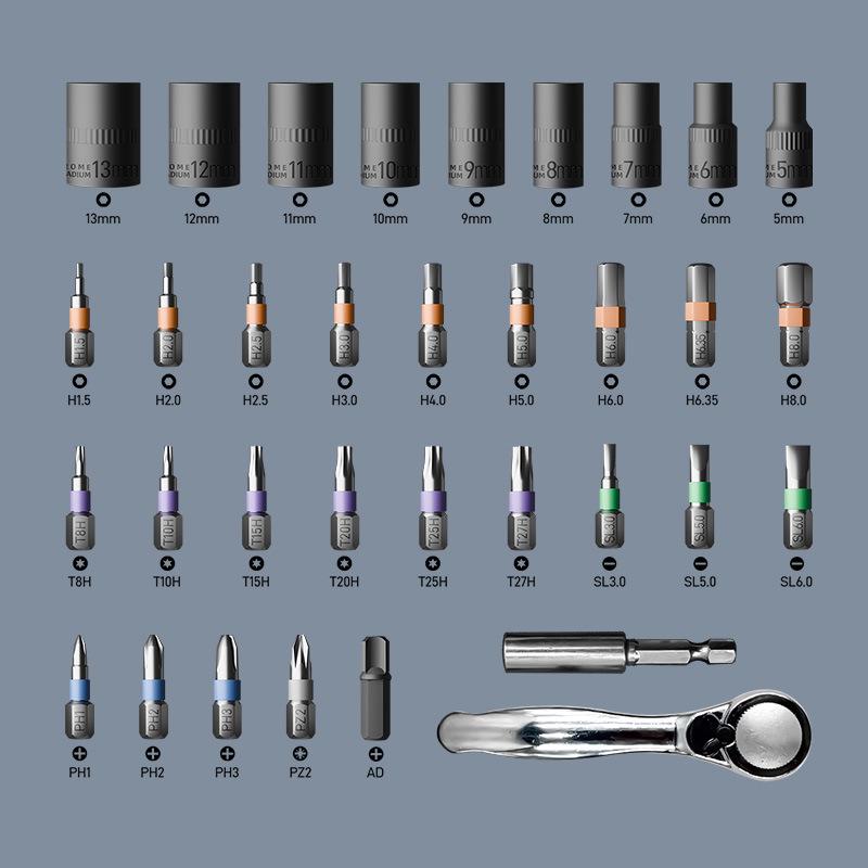 Multifunktionales 34-in-1 Knarrenschraubendreher-Set mit hochharten S2-Stahlbits