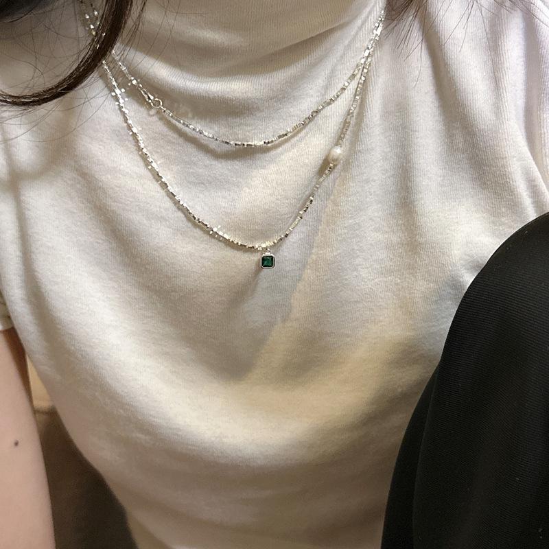 S925 Sterling Silver Korean Fashion Green Zircon Necklace & Handmade Bracelet Set - Trendy Clavicle Chain.