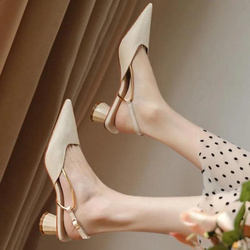 Fashion 2025 Women's Mid Heel Sandals Fashion Pointed Women's Stiletto High Heels Bareback Casual Slippers Wedding Bride Sandalias Mujer