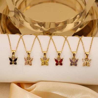 Retro Commuter Christmas Necklace: 18K Plated Titanium Steel with Zircon Inlaid Colorful Butterfly Pendant for Women