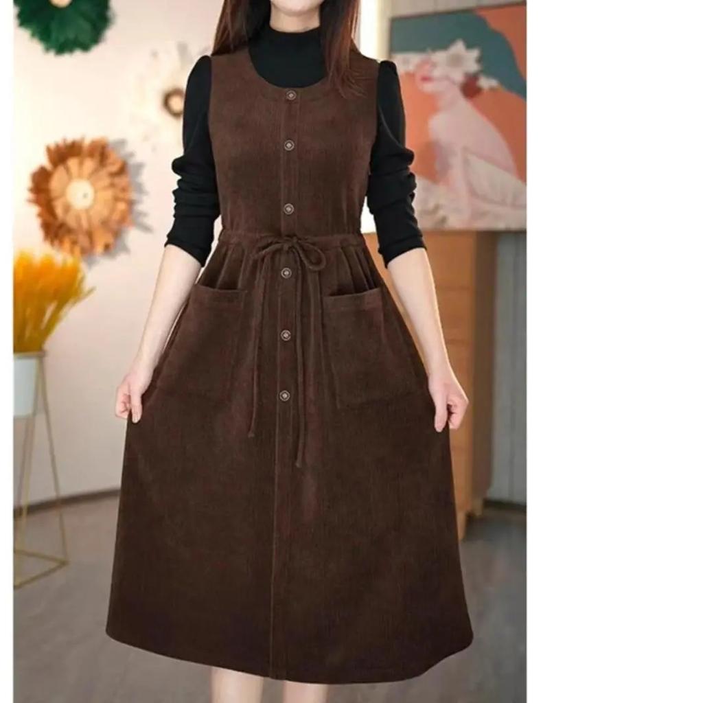 Zimní falešné dvoudílné manšestrové šaty Stylové dámské šaty Řasené Stahovací pas Dámské Retro Ke kolenům Nad středně dlouhé