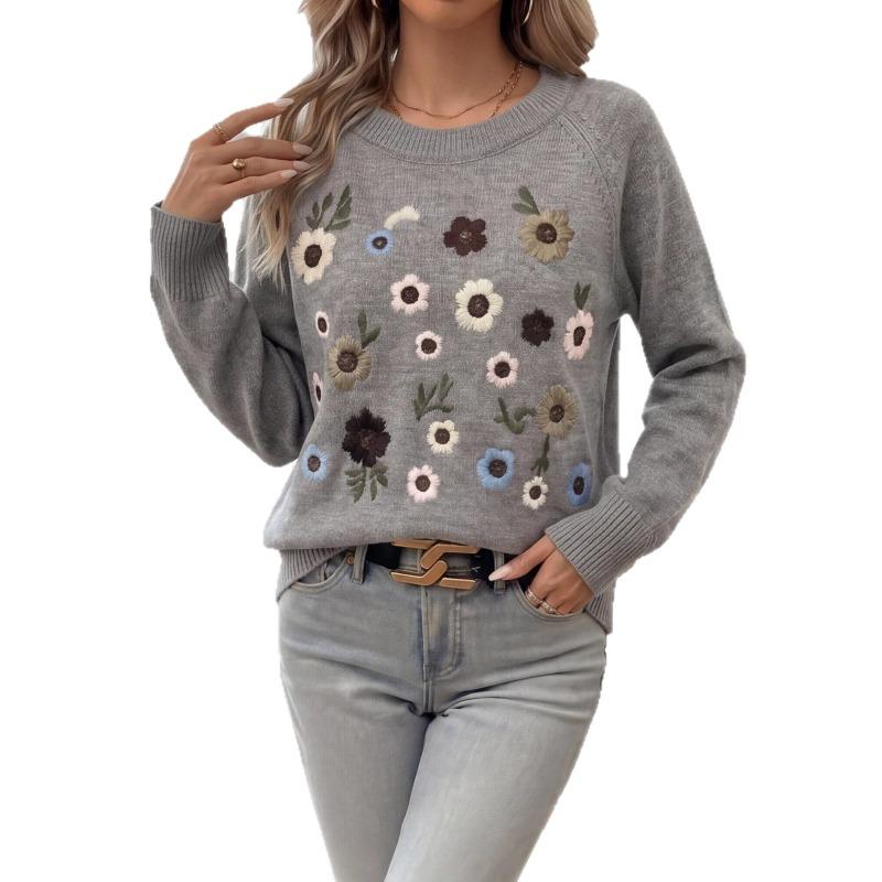 Women S Crew Neck Long Sleeve Knit Sweater With Flower Embroidery