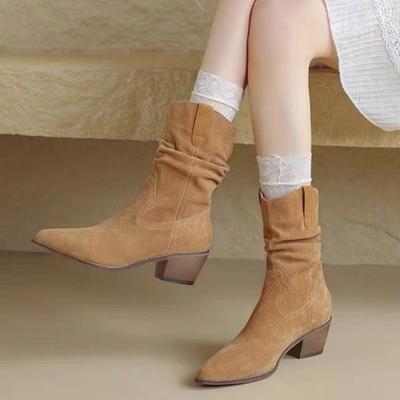 Fashionable New Suede Square Heel Plus Size Horse Boots for Winter Pointed Comfortable Warm and Casual Short Boots for Women