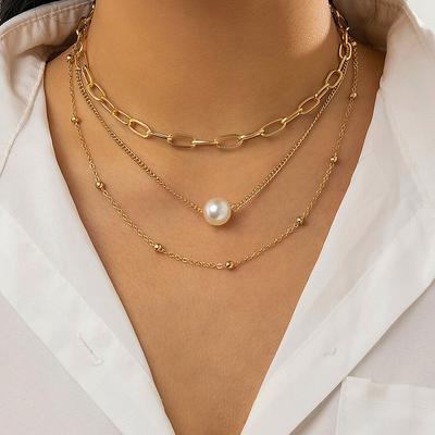 Hip-hop Metal Multi-layer Collarbone Chain Neck Chain Female, Simple and Versatile Copper Bead Chain Pearl Necklace