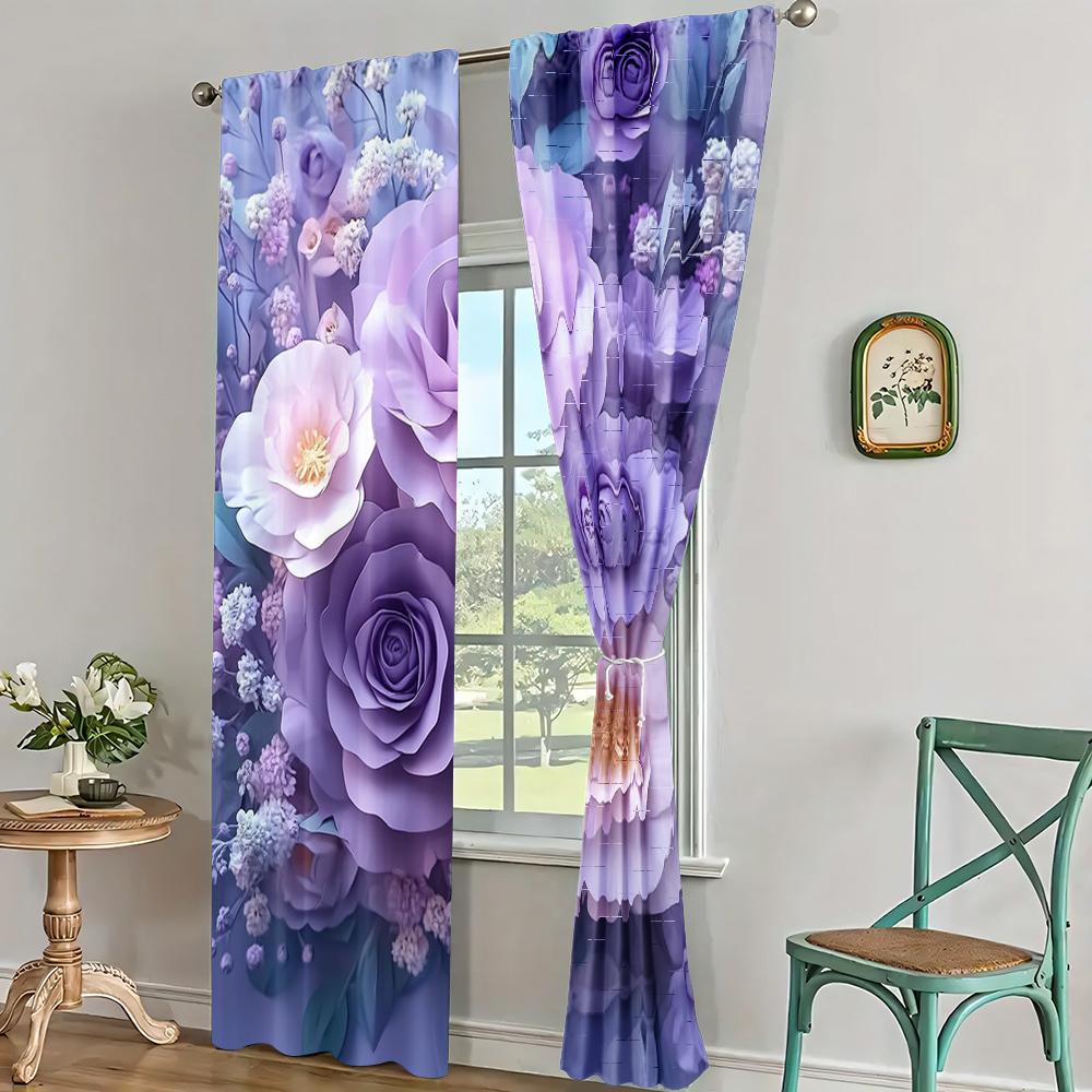 2pc,  Curtain Large Purple Floral Blackout  Polyester Festive Wall Decor Use for Holiday Parties